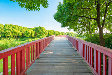Wooden bridges and walkways in Meilan Lake Park, Shanghai, China