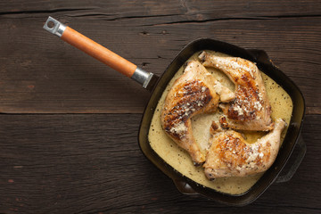 Three delicious chicken legs fried in a pan