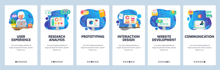 Mobile app onboarding screens. Online dating profile, business development, market financial research, prototyping. Vector banner template for website and mobile development. Web site illustration