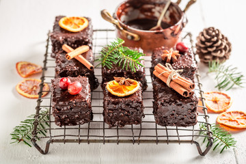 Sweet Gingerbread cubes for Christmas on rustic tray