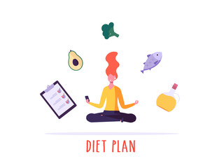Keto diet vector illustration. Flat tiny slim fit body people concept. Diet plan checklist, training, nutrition control and vegetables, fish, oil. Weight management, individual dietary service