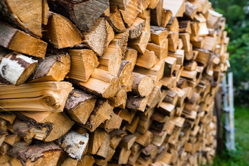 A firewood stacked in a pile, cut trunks. Close up shot, wood background.