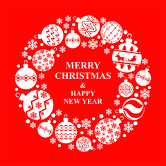 Vector illustrations of Christmas greeting card decorated with balls and snowflakes on red background