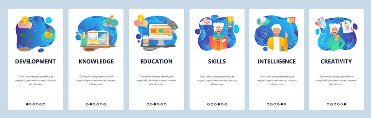 Mobile app onboarding screens. Online education, people skills development, female student, knowledge, book. Vector banner template for website and mobile development. Web site design illustration