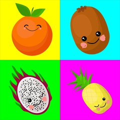 Orange, kiwi, dragon fruit, pineapple, pitaya. Funny fruits for teaching children. The card is beautiful and bright. Healthy food..