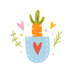Handdrawn cute carrot in small pocket,isolated element in scandinavian colors. Sketch style red carrots, hand drawn illustration with leaves and heart shapes, good for sticker, poster or t-shirt print
