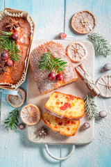 Sweet Fruitcake for Christmas with orange and cranberry