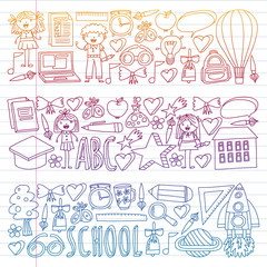 Fototapeta premium Vector set of Back to School icons in doodle style. Painted, colorful, pictures on a piece of paper on white background. Drawing on exercise notebook in gradient style.