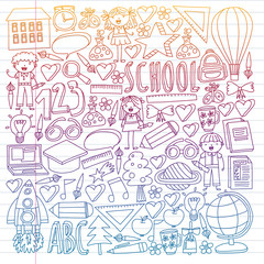 Vector set of Back to School icons in doodle style. Painted, colorful, pictures on a piece of paper on white background. Drawing on exercise notebook in gradient style.