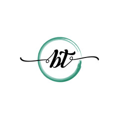 BT initial handwriting logo template round logo in watercolor color with handwritten letters in the middle. Handwritten logos are used for, weddings, fashion, jewelry, boutiques, flowers, and business