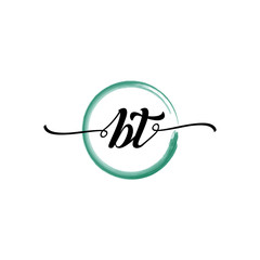Obraz premium BT initial handwriting logo template round logo in watercolor color with handwritten letters in the middle. Handwritten logos are used for, weddings, fashion, jewelry, boutiques, flowers, and business