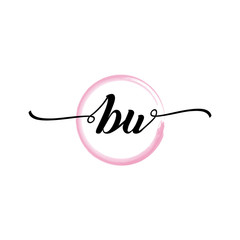 Fototapeta premium BU initial handwriting logo template round logo in watercolor color with handwritten letters in the middle. Handwritten logos are used for, weddings, fashion, jewelry, boutiques, flowers, and business