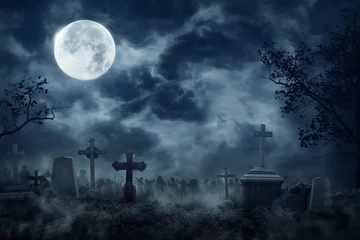 Rolgordijnen Zombie Rising Out Of A Graveyard cemetery In Spooky dark Night full moon. Holiday event halloween background concept. © sutlafk