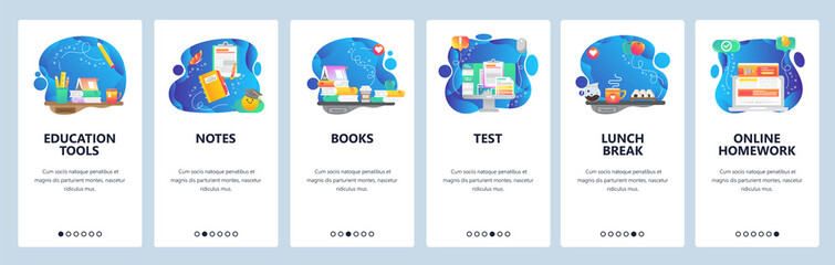 Mobile app onboarding screens. Online homework, education, books on a table, online test, lunch break. Menu vector banner template for website and mobile development. Web site design flat illustration