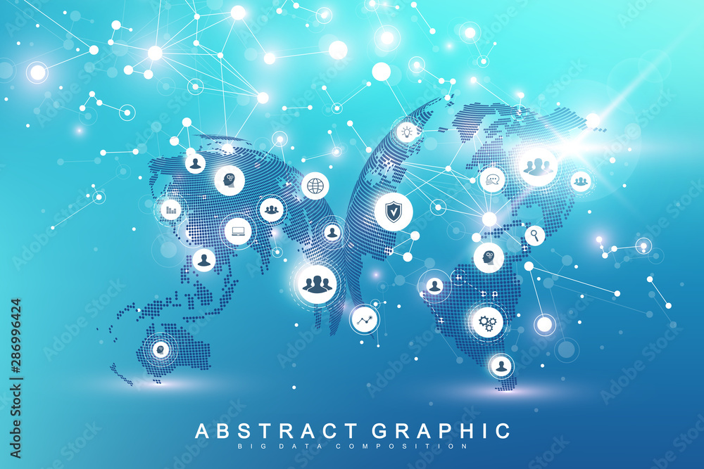 Poster Global network connection. Geometric abstract background with connected line and dots. Network and connection background for your presentation. Graphic polygonal background. Vector illustration.