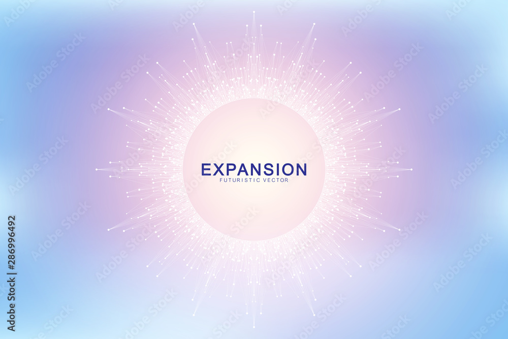 Aufkleber Expansion of life. Colorful explosion background with connected line and dots, wave flow. Visualization Quantum technology. Abstract graphic background explosion, motion burst, vector illustration.