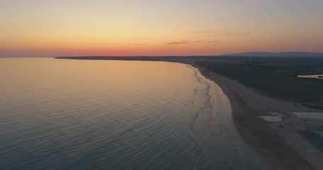 Aerial Sunset Seascape of Salgados Beach in Albufeira, Algarve, Portugal.