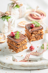 Traditionally Gingerbread cake for Christmas with small gifts