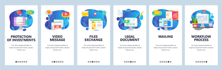 Mobile app onboarding screens. Video message, sign contract online, office computer, mailing. Menu vector banner template for website and mobile development. Web site design flat illustration