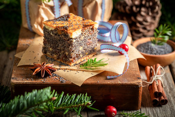 Homemade poppy seed cake for Christmas packed in take away