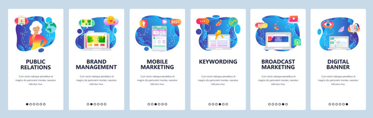 Mobile app onboarding screens. Digital marketing and branding, sale timer, female PR specialist. Menu vector banner template for website and mobile development. Web site design flat illustration