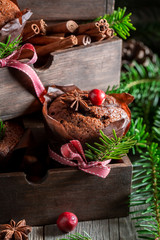 Traditionally gingerbread muffins for Christmas in an old wooden box