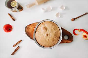 Composition with delicious apple pie on white background. Fresh baked apple pie tart. Fall autumn concept.Top view, flatlay