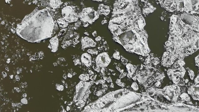 Aerial view on melting ice on siberia river