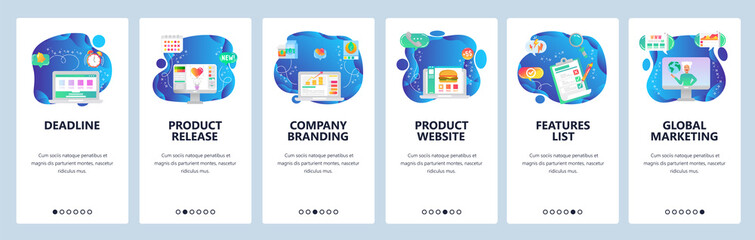 Mobile app onboarding screens. World financial news, project deadline, finance growth, product release. Vector banner template for website and mobile development. Web site design flat illustration