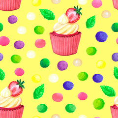 pattern of watercolor colored dots cupcake with strawberry