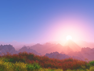 3D sunset landscape with mountains in background