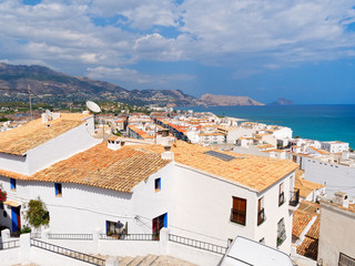 Panorama of charming houses in Altea and the sea. Costa Blanca, Spain.