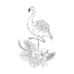 Fototapeta premium Flamingo on flowers bouquet hand drawn sketch. Elegant exotic bird standing on one leg engraving. Tropical foliage and blossom black ink illustration for minimalist postcard, invitation card design