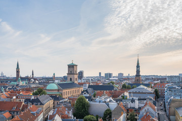 Aerial view of the city of Copenhagen at sunset