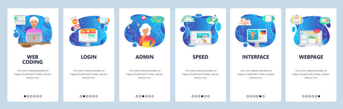 Mobile app onboarding screens. Software engineer coding, interface loading speed optimization. Menu vector banner template for website and mobile development. Web site design flat illustration