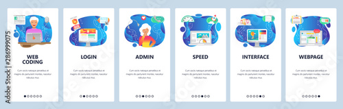 Mobile app onboarding screens. Software engineer coding, interface loading speed optimization. Menu vector banner template for website and mobile development. Web site design flat illustration