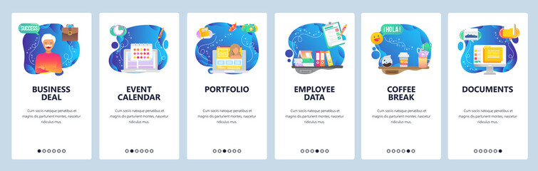Mobile app onboarding screens. Employee portfolio, businessman, event calendar, computer files. Menu vector banner template for website and mobile development. Web site design flat illustration