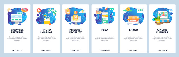 Mobile app onboarding screens. Support video chat, internet security, news feed, photo sharing. Menu vector banner template for website and mobile development. Web site design flat illustration