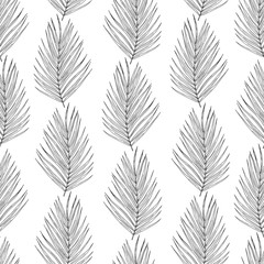 Palm tree leaves black ink seamless pattern. Exotic plants foliage on white background. Tropical flora leafage textile print. Vertical botanical twigs fabric, minimalist textile wallpaper design