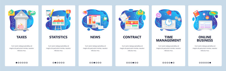 Mobile app onboarding screens. Online business, time management, financial chart, bank. Menu vector banner template for website and mobile development. Web site design flat illustration