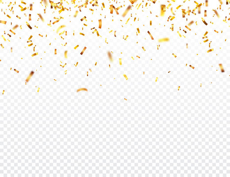 Christmas golden confetti. Falling shiny glitter in gold color. New year, birthday, valentines day design element. Holiday background.