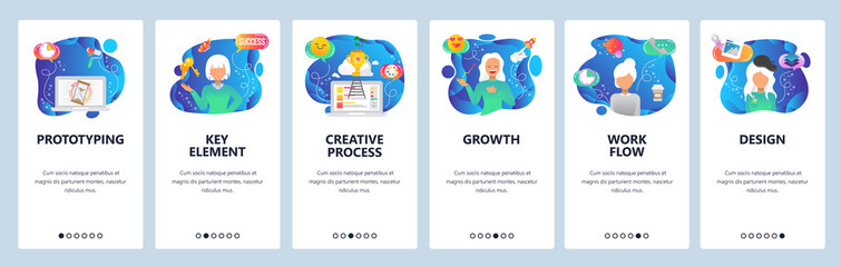 Mobile app onboarding screens. Loading, business growth, female artist, creative designer, winner. Menu vector banner template for website and mobile development. Web site design flat illustration