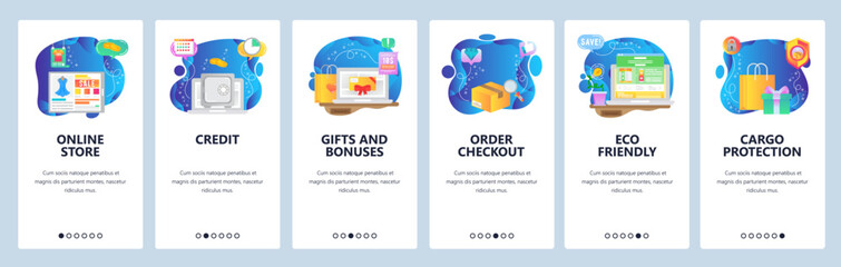 Mobile app onboarding screens. Online shopping, promotion sale, money safe, package delivery, gift card. Vector banner template for website and mobile development. Web site design flat illustration