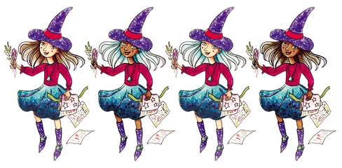 Naklejka premium Hand drawn set of watercolor paintings of a girl-witchs with pale or dark skin and dark or blue hair, studying spells, for girl's room or Halloween illustration