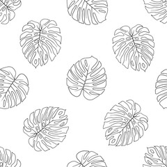Monstera leaves black ink sketchy seamless pattern. Exotic foliage black and white illustration. Monochrome tropical leafage on white background. Minimalist botanical textile, wallpaper design