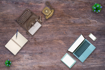 Past, present and future of technology and devices, from typewriter to computer,Top view.