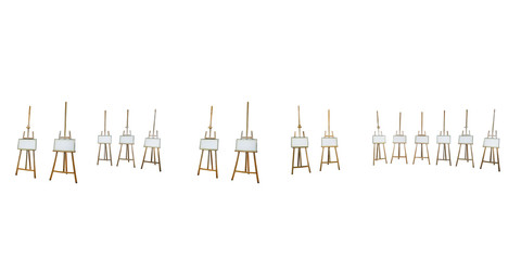 isolated empty easels on white background for organizing virtual exhibition in any panorama 360 degrees angle view in equirectangular projection. Painting mockup