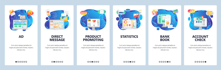 Mobile app onboarding screens. Marketing and advertisement, product promotion, direct messaging, financial report. Vector banner template for website and mobile development. Web site illustration