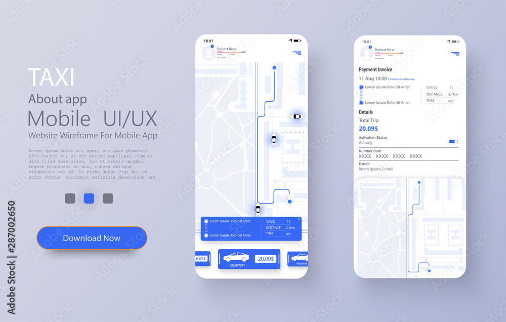 Fototapete Taxi service app on mobile phone. Different UI, UX, GUI screens Taxi app and flat web icons for mobile apps. Concept of location service. Dashboard theme, creative infographic of city map navigation