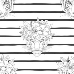 Leopard head with flower wreath seamless pattern. Wild cheetah and tiger faces sketch on striped backdrop. Staring jaguar with exotic Hibiscus, Plumeria blossom. Animalistic textile, wallpaper design © AngellozOlga